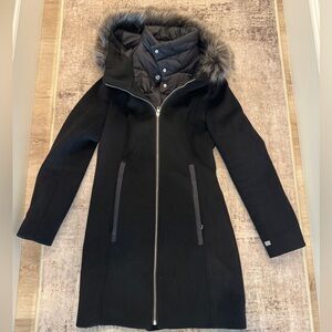 Soia & Kyo Black Wool Coat with Faux Fur-Trimmed Hood XS